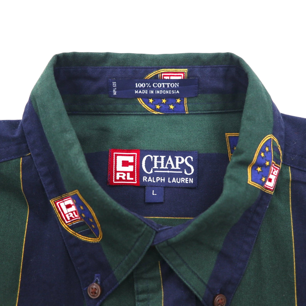 CHAPS RALPH LAUREN 90s Button-down Shirt L Green Navy Striped Cotton Emblem Logo