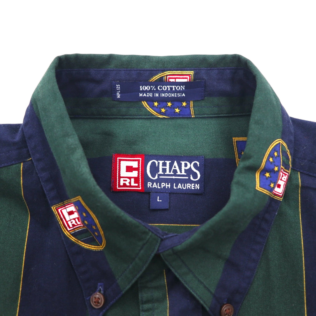 CHAPS RALPH LAUREN 90s Button-down Shirt L Green Navy Striped Cotton Emblem Logo