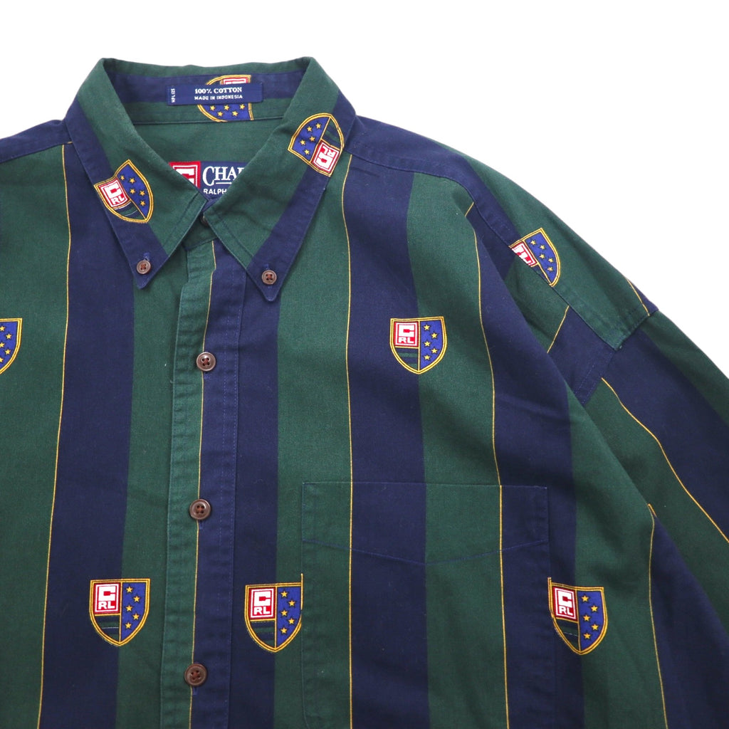 CHAPS RALPH LAUREN 90s Button-down Shirt L Green Navy Striped Cotton Emblem Logo