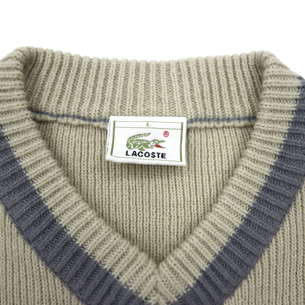 LACOSTE 90s Tilden Knit V-Neck Sweater L Beige Acrylic One Point Logo