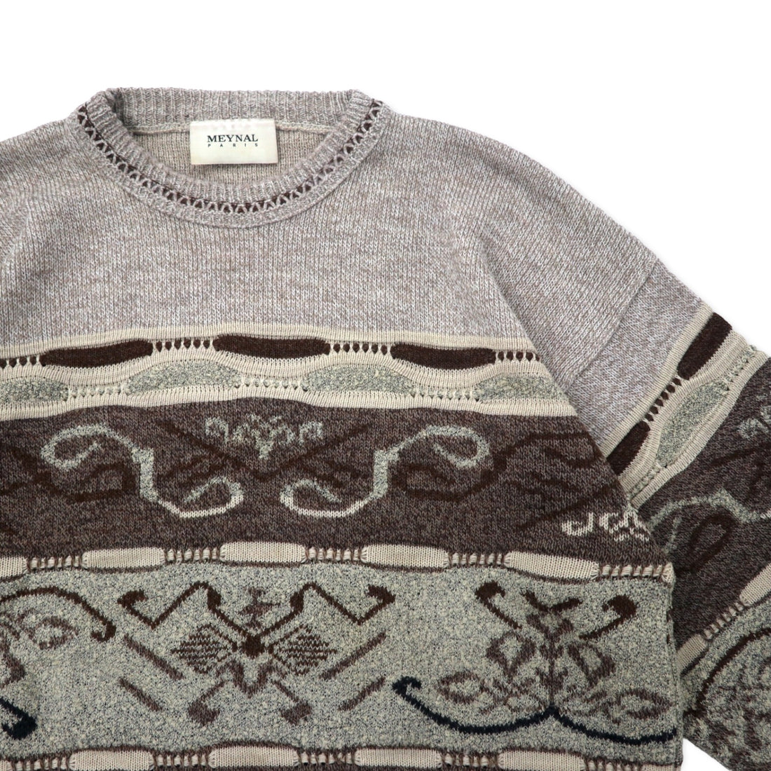 MEYNAL French 3D knit sweater, XL, beige, cotton, all-over pattern