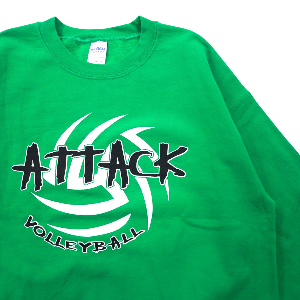 GILDAN Crew Neck Sweatshirt L Green Print Fleece Lining ATTACK VOLLEYBALL Made in Honduras