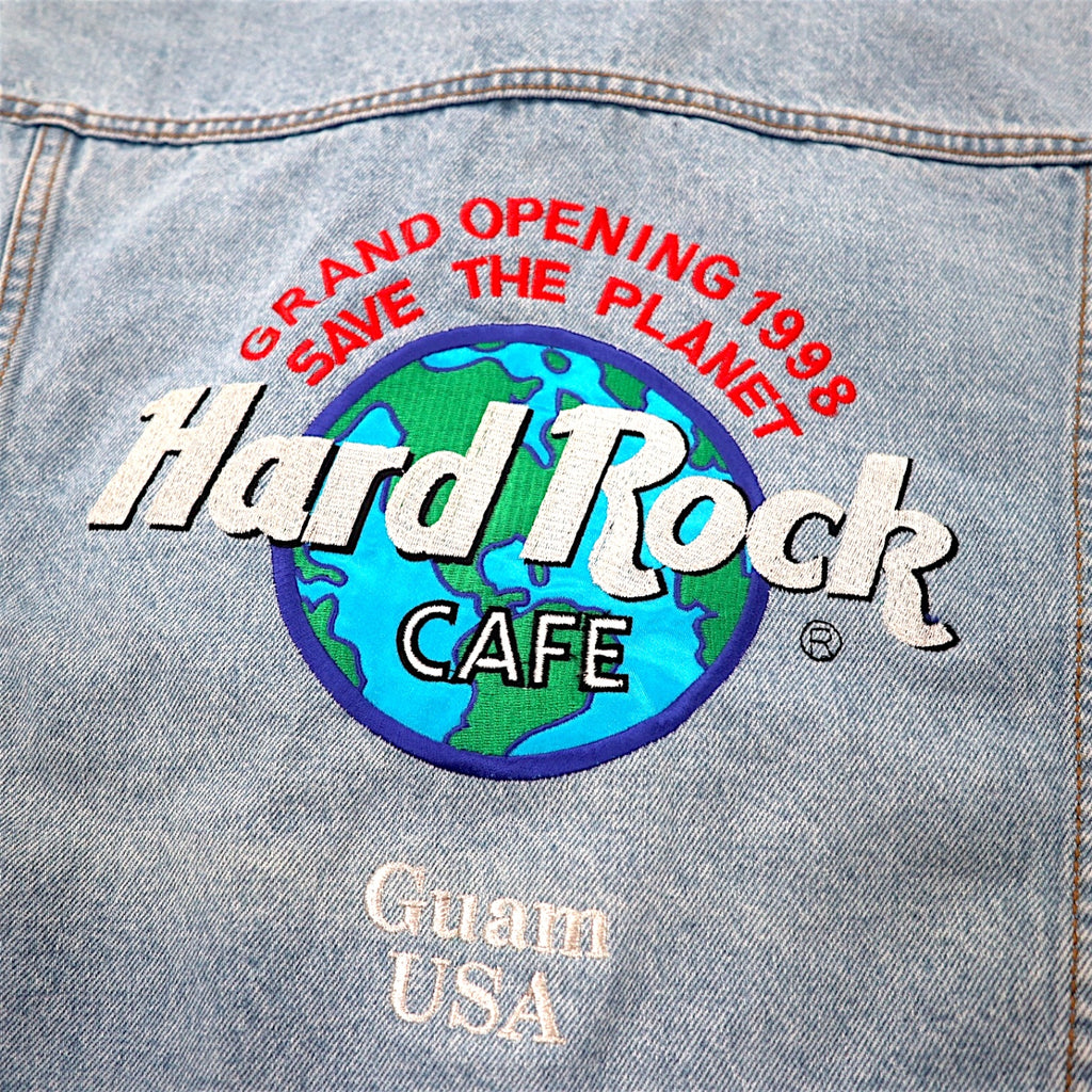 Hard Rock Cafe 90s Denim Jacket, G-Jean, L, Blue, Ice Wash, Cotton, Back Logo Embroidery, GUAM USA