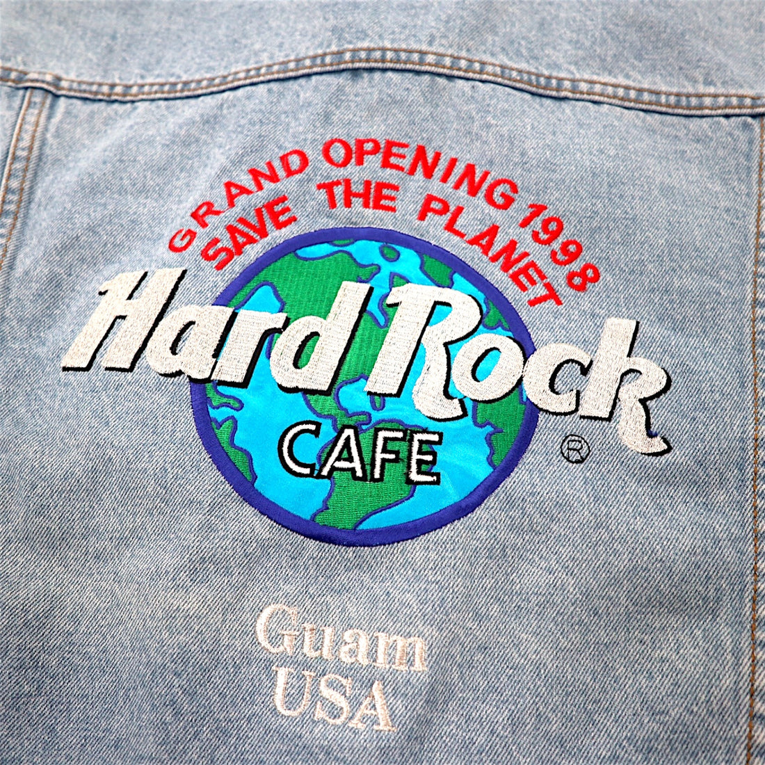 Hard Rock Cafe 90s Denim Jacket, G-Jean, L, Blue, Ice Wash, Cotton, Back Logo Embroidery, GUAM USA