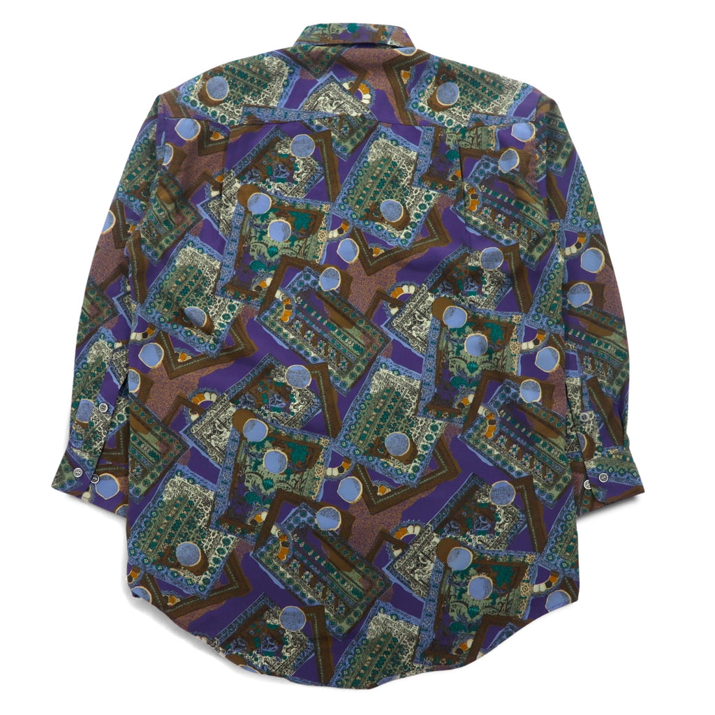 Vintage 90s Retro Geometric Pattern Shirt ORANGE FIELD 総柄 ポリシャツ M パープル ポリエステル