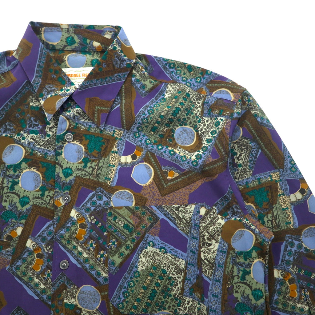 Vintage 90s Retro Geometric Pattern Shirt ORANGE FIELD 総柄 ポリシャツ M パープル ポリエステル
