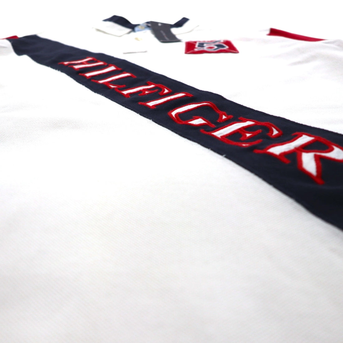 TOMMY HILFIGER Polo Shirt, Size L, White Cotton, Pique, Numbering, Logo Embroidery, Unused