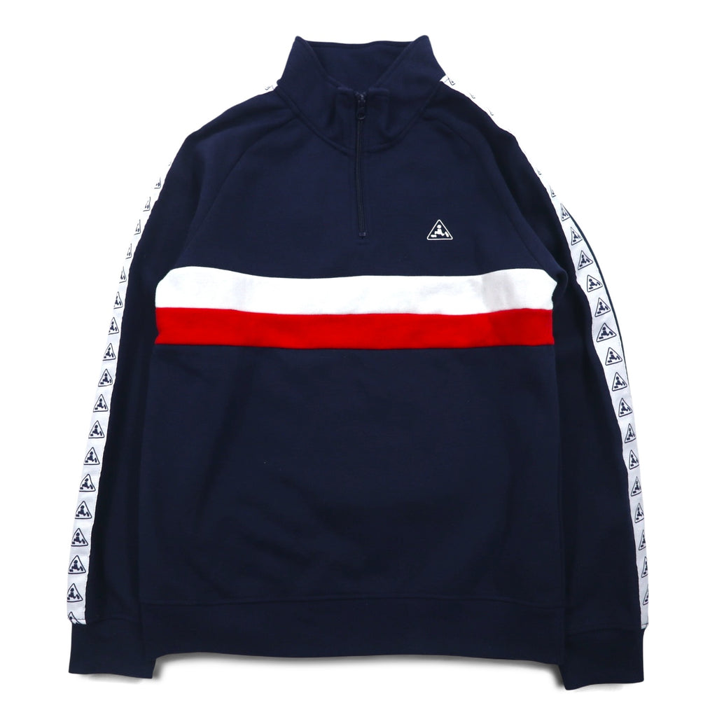 PLENTY TOUGH SPORT 90s Half-Zip Sweatshirt M Navy Tricolor Fleece Lining Tape Logo