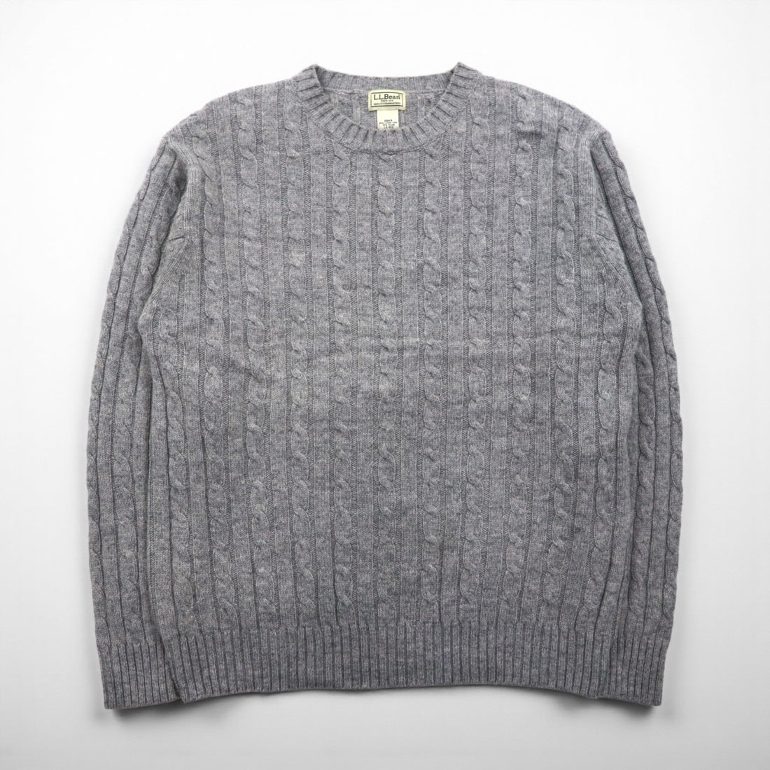 LLBean 90s Cable Knit Sweater, Size L, Gray, Lambswool, WW47