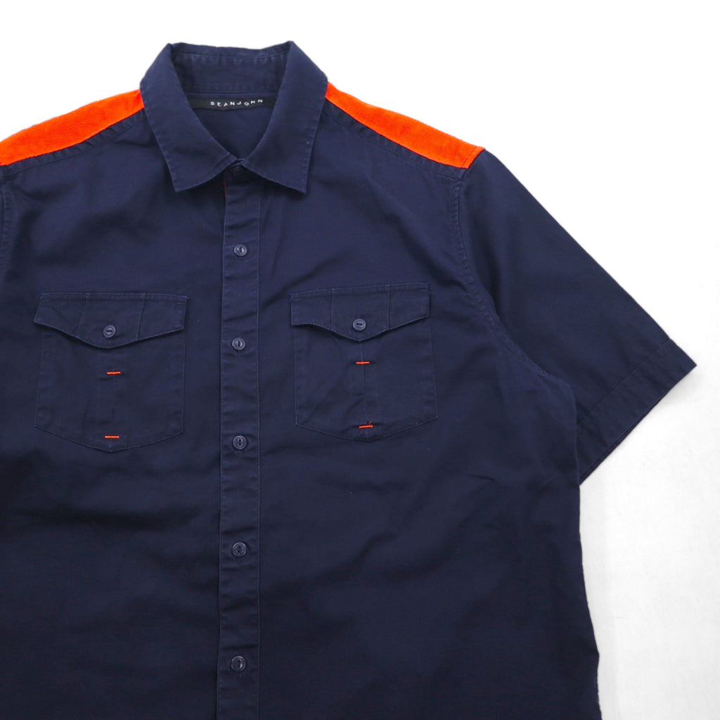 SEAN JOHN 2000s Reflective Design Short Sleeve Field Shirt, Size L, Navy, Cotton