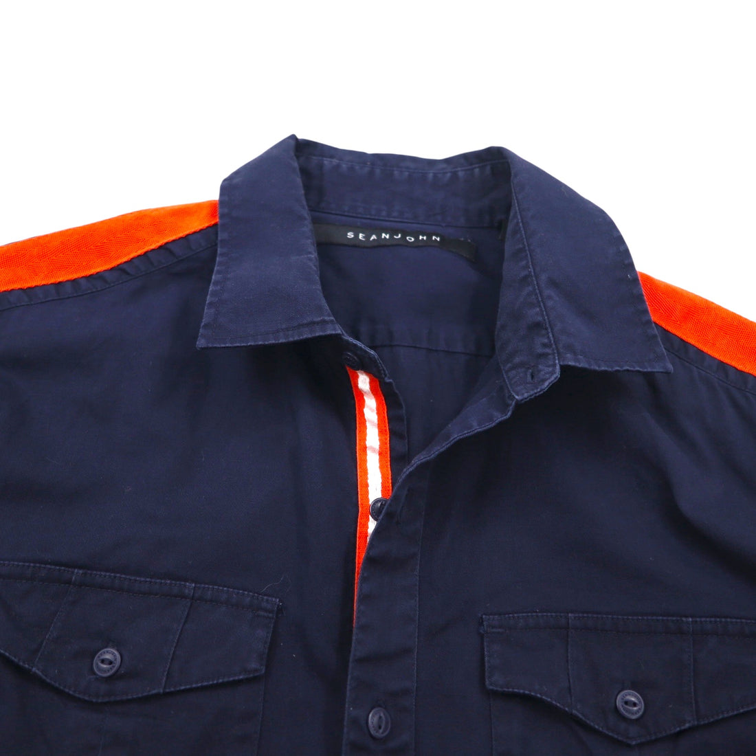 SEAN JOHN 2000s Reflective Design Short Sleeve Field Shirt, Size L, Navy, Cotton
