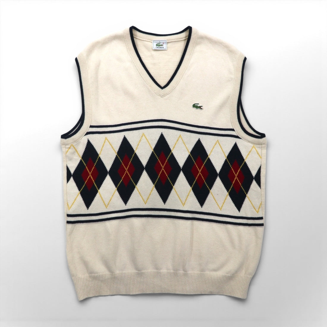 LACOSTE Cardigan Knit Vest, White, Cotton, V-Neck, Argyle Pattern, Size L