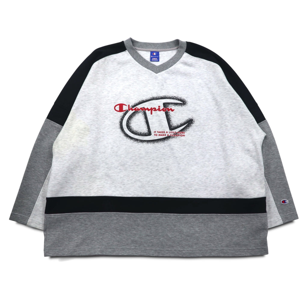 Champion 90s V-neck raglan sweatshirt, 4XL, grey, script logo, big size