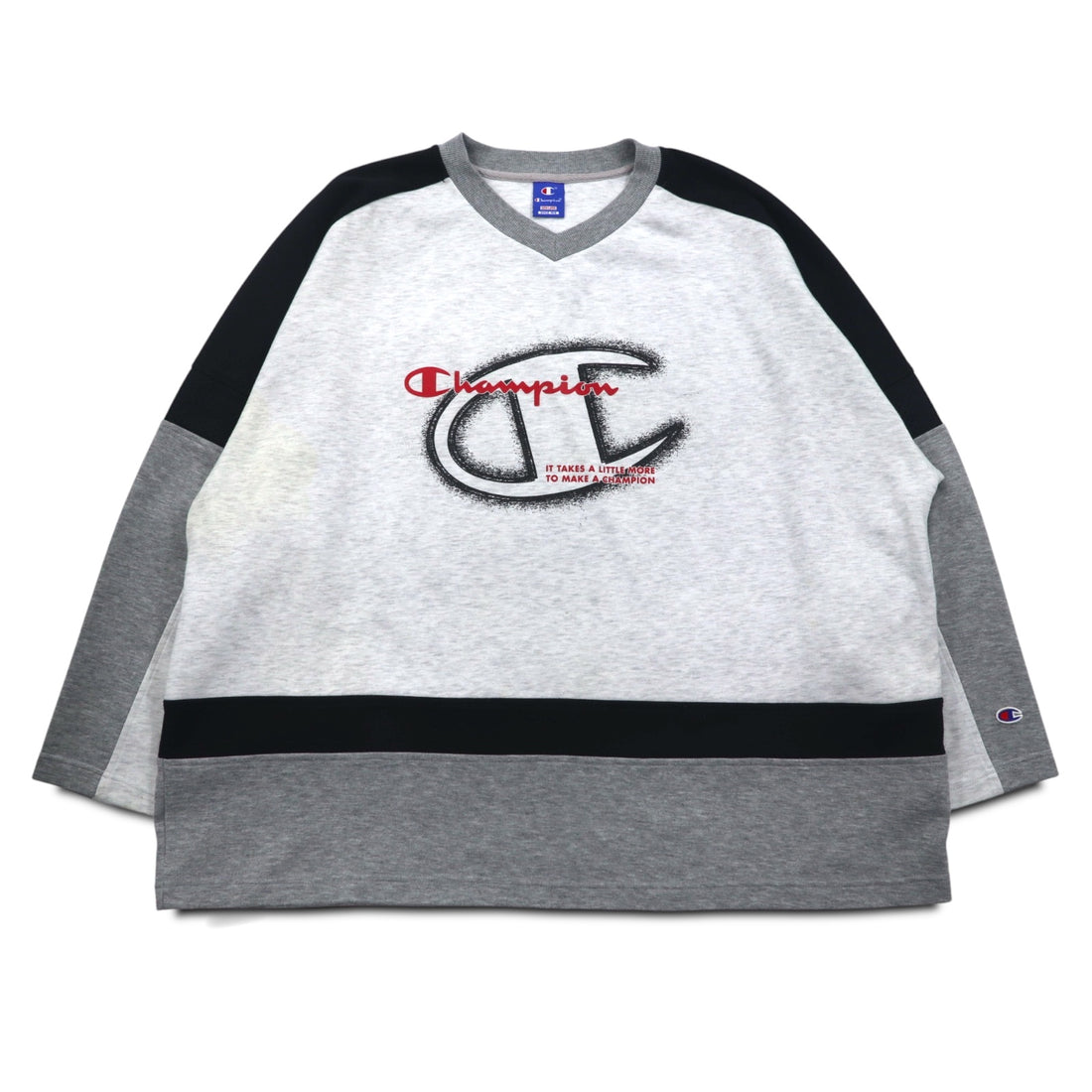Champion 90年代 Vネック ラグラン スウェット 4XL グレー スクリプトロゴ ビッグサイズ