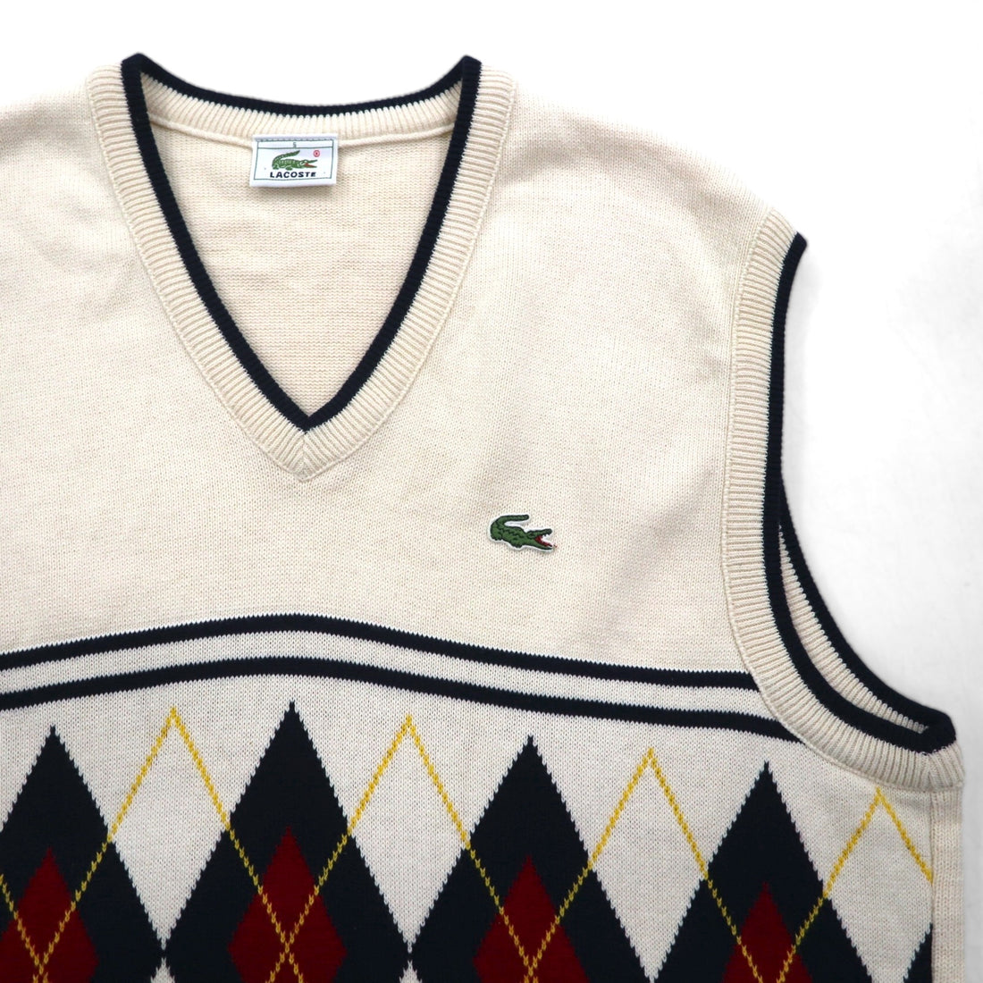 LACOSTE チルデン ニット ベスト L ホワイト コットン Vネック アーガイル柄