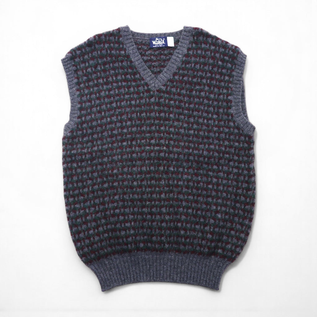 Woolrich 1980s British-made V-neck wide knit vest, size XL, grey wool