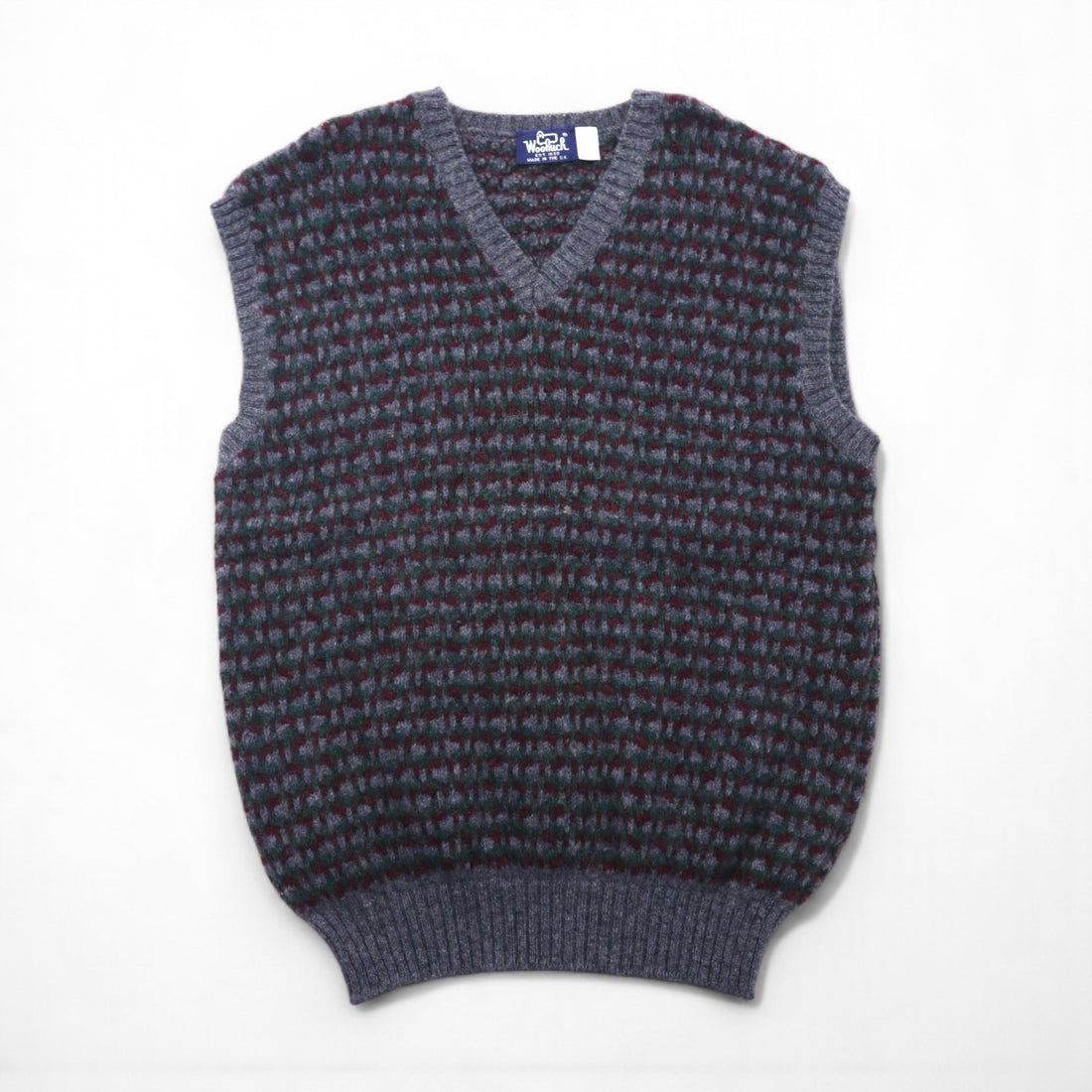 Woolrich 1980s British-made V-neck wide knit vest, size XL, grey wool