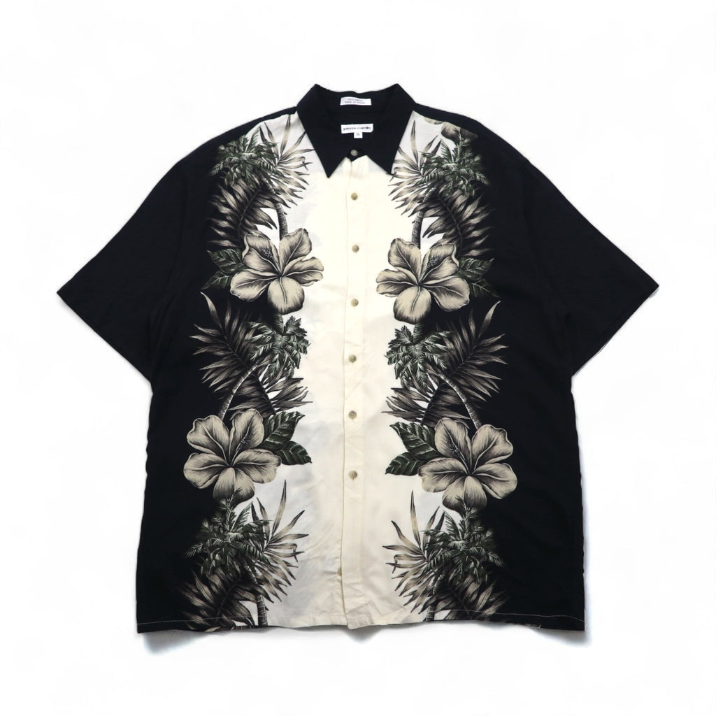 Pierre Cardin Aloha Shirt, XL, Black, White, Rayon, Hibiscus, Botanical