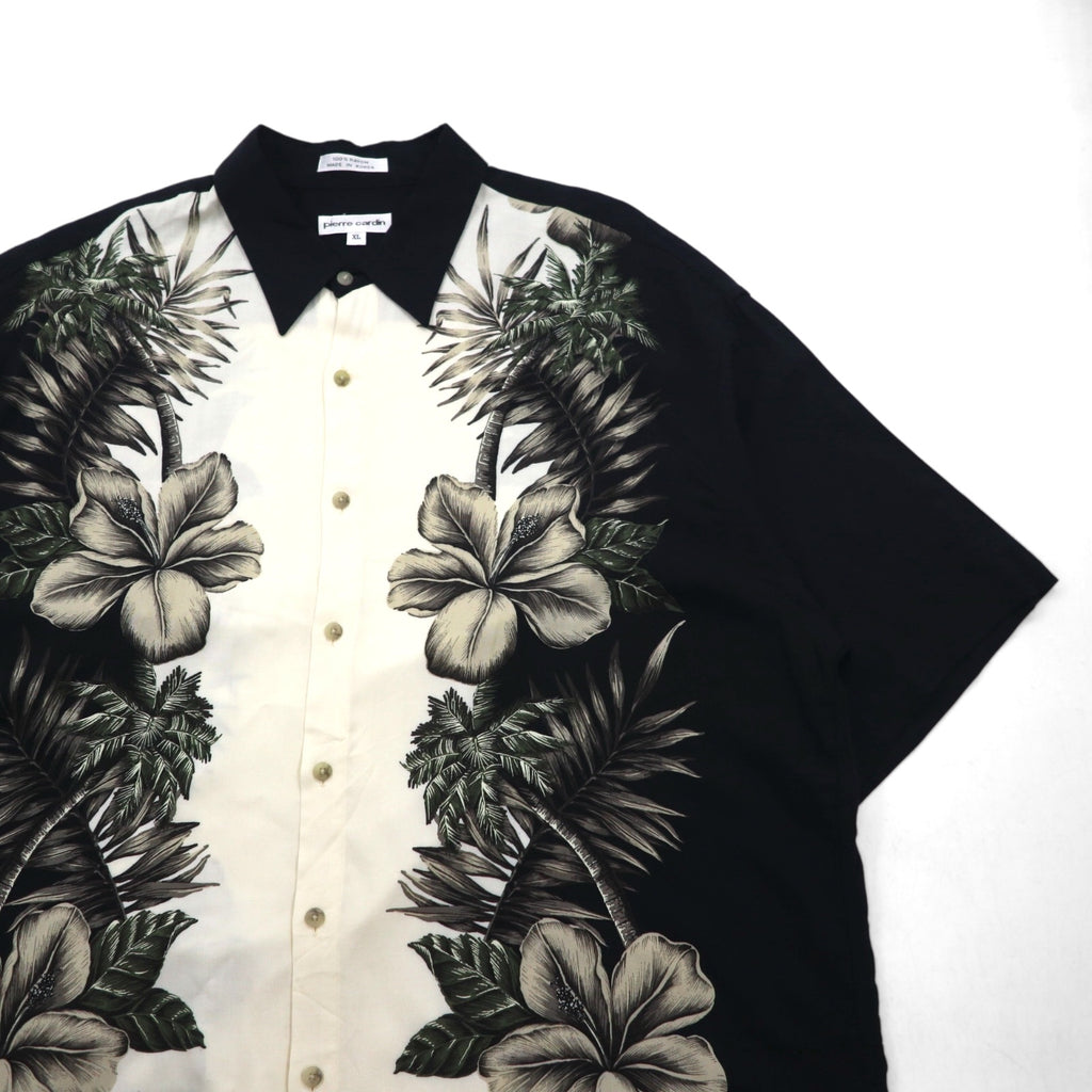 Pierre Cardin Aloha Shirt, XL, Black, White, Rayon, Hibiscus, Botanical