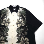 Pierre Cardin Aloha Shirt, XL, Black, White, Rayon, Hibiscus, Botanical