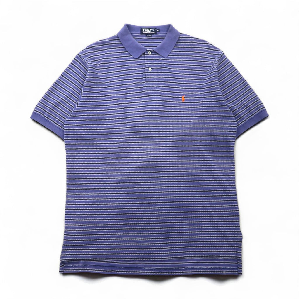 Polo by Ralph Lauren 90s Striped Polo Shirt, XL, Blue Cotton, Pique, Small Pony Embroidery