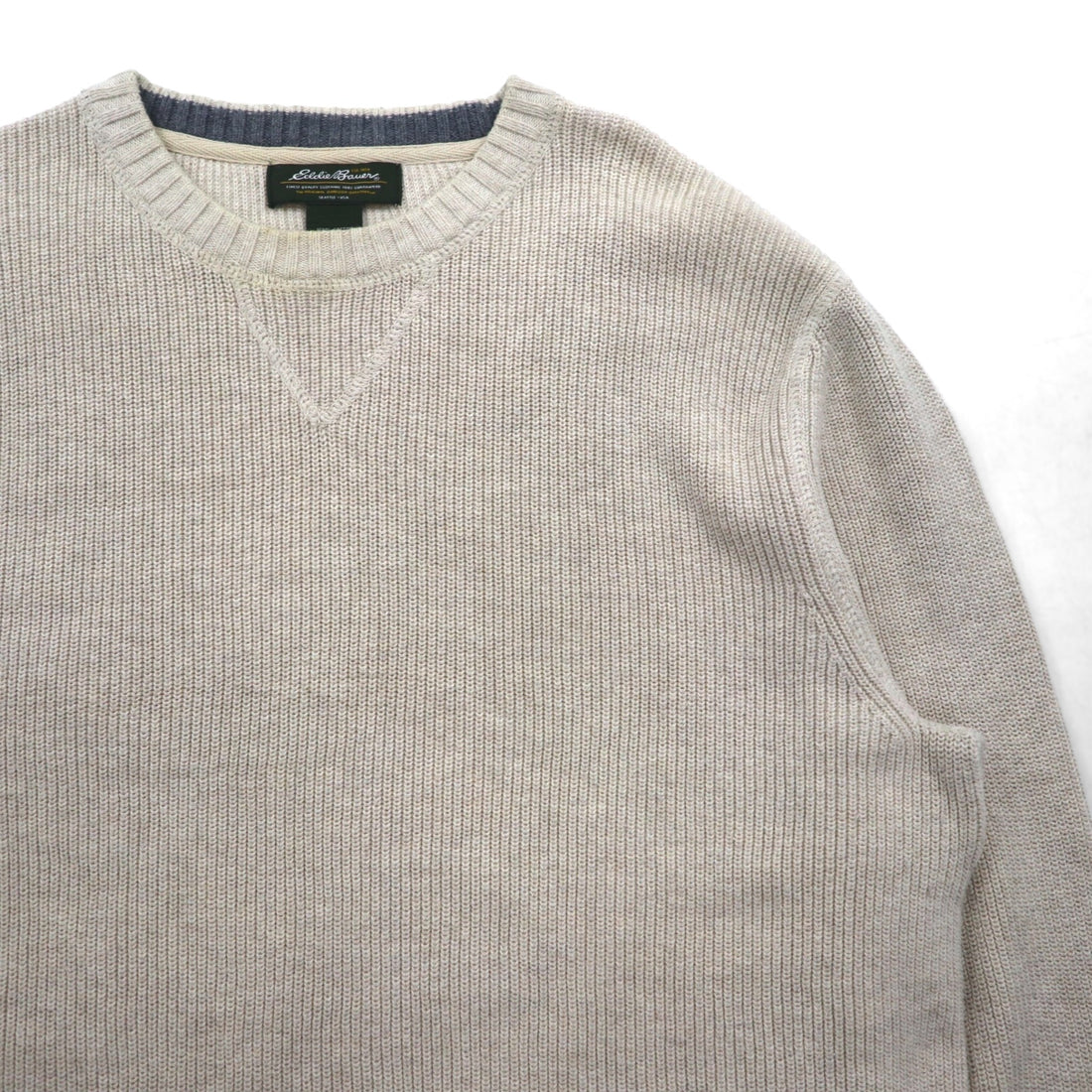 Eddie Bauer Crew Neck V-Neck Knit Sweater, Size M, Beige, Cotton, 3823
