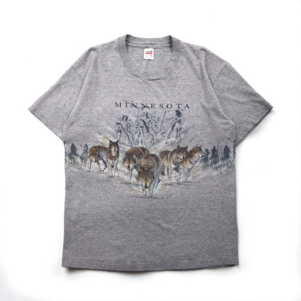 anvil 90s USA Made Single Stitch T-Shirt, XL, Gray, MINESOTA, Double-Sided Animal Print, Wolf