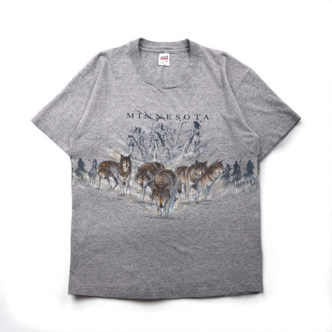 anvil 90s USA Made Single Stitch T-Shirt, XL, Gray, MINESOTA, Double-Sided Animal Print, Wolf