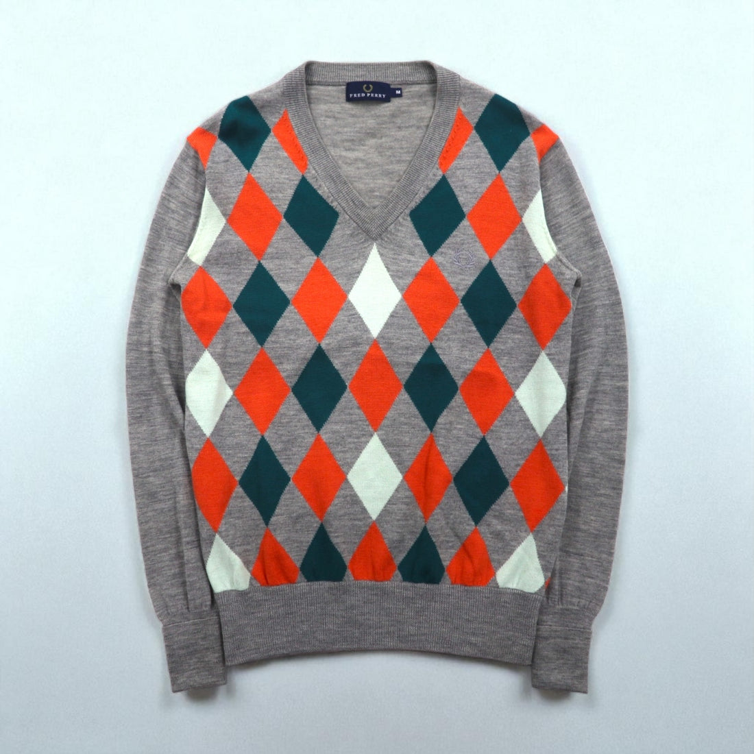FRED PERRY Argyle V-Neck Knit Sweater, Size M, Gray Wool, with Embroidered Logo, F3004