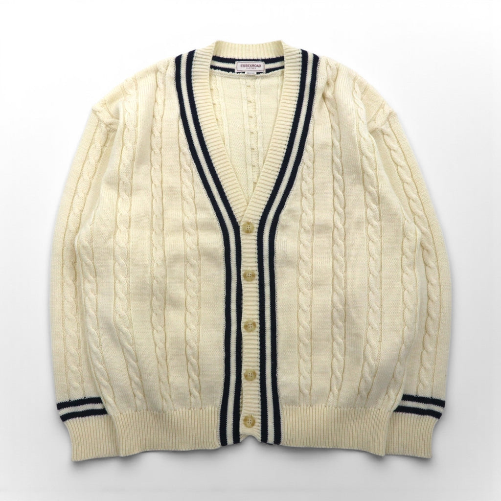 90s Japan Vintage Tilden Knit Cardigan, Made in Japan, Size M, Cable Knit, Off-White, ESSEX ROAD CLOTHES