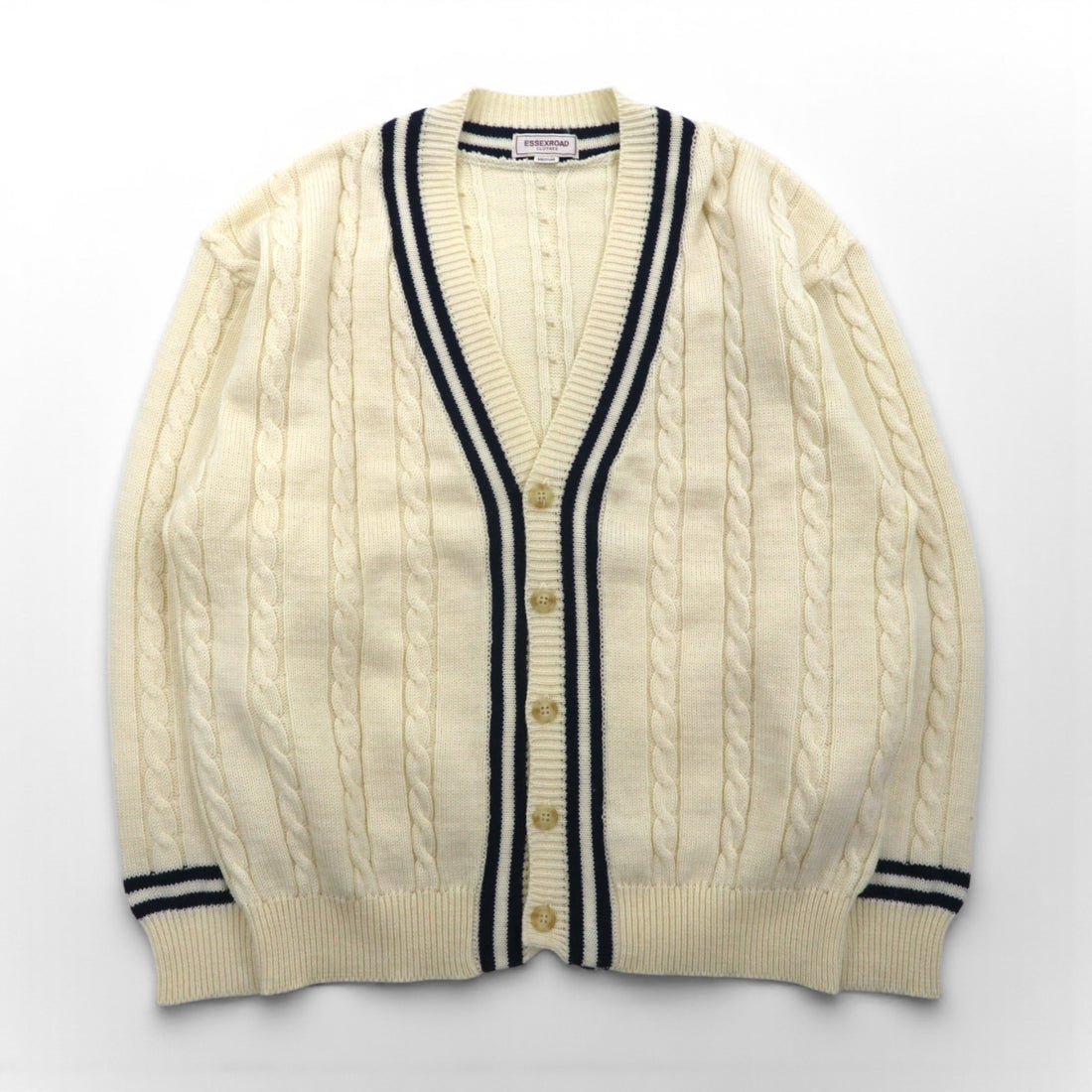 90s Japan Vintage Tilden Knit Cardigan, Made in Japan, Size M, Cable Knit, Off-White, ESSEX ROAD CLOTHES