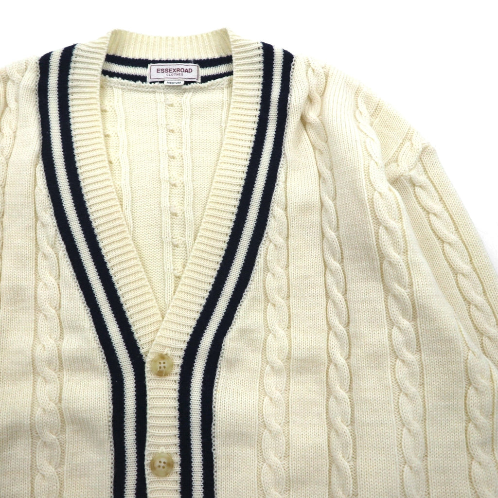 90s Japan Vintage Tilden Knit Cardigan, Made in Japan, Size M, Cable Knit, Off-White, ESSEX ROAD CLOTHES