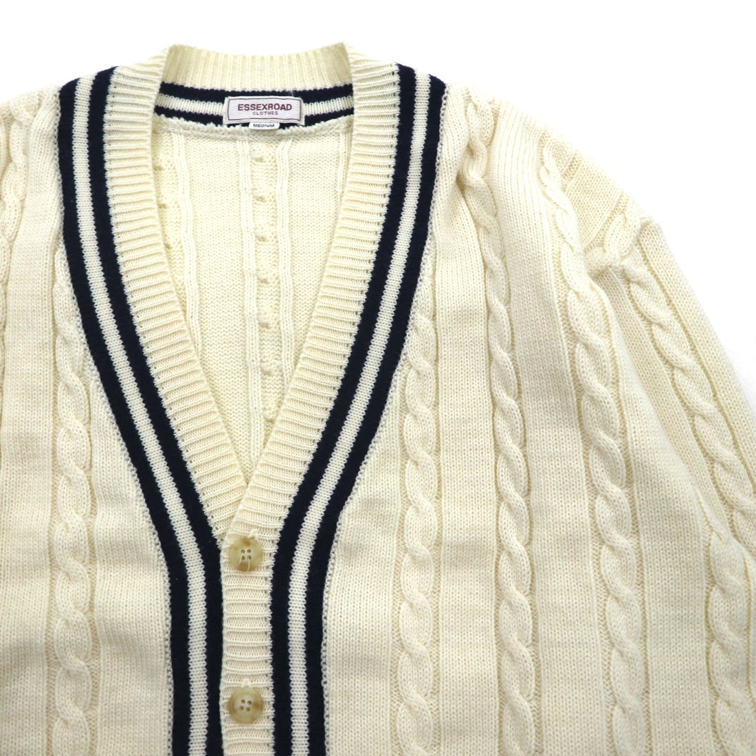 90s Japan Vintage Tilden Knit Cardigan, Made in Japan, Size M, Cable Knit, Off-White, ESSEX ROAD CLOTHES