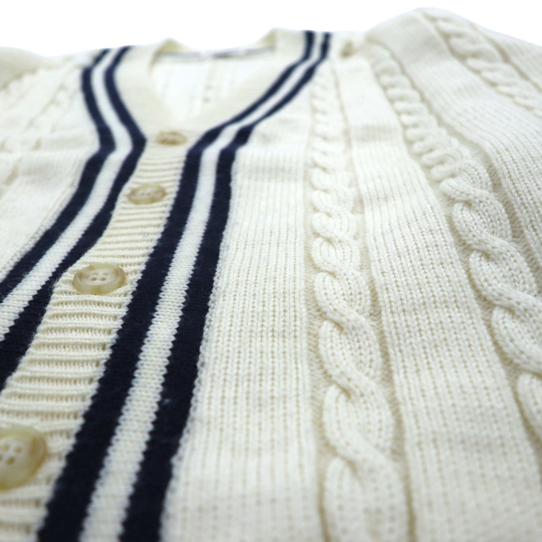 90s Japan Vintage Tilden Knit Cardigan, Made in Japan, Size M, Cable Knit, Off-White, ESSEX ROAD CLOTHES