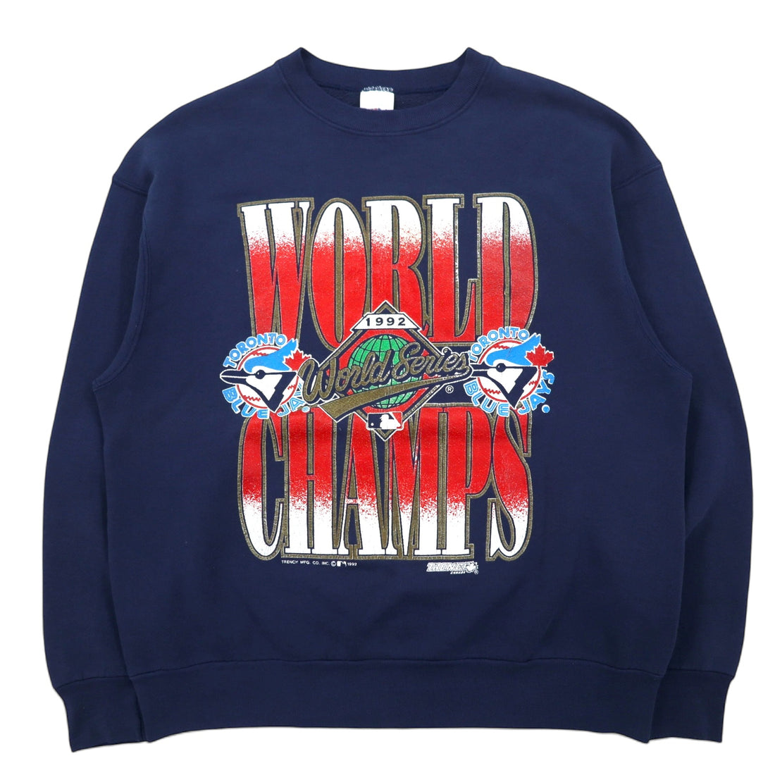 日本然リトテ-古着オンライン-カナダ製 90年代 FRUIT OF THE LOOM ベースボール プリント スウェット XL ネイビー コットン WORLD CHAMPS-Canada Made 90's FRUIT OF THE LOOM Baseball Print Sweatshirt XL Navy Cotton WORLD CHAMPS