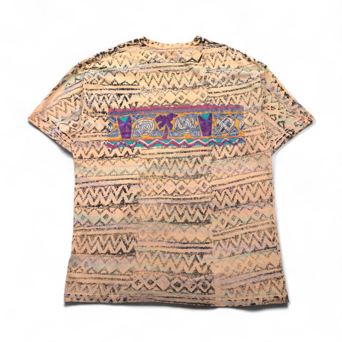'90s USA-made Yaga Rugz' single-stitch vintage T-shirt, size 2XL, pink, all-over Native American print