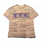 '90s USA-made Yaga Rugz' single-stitch vintage T-shirt, size 2XL, pink, all-over Native American print