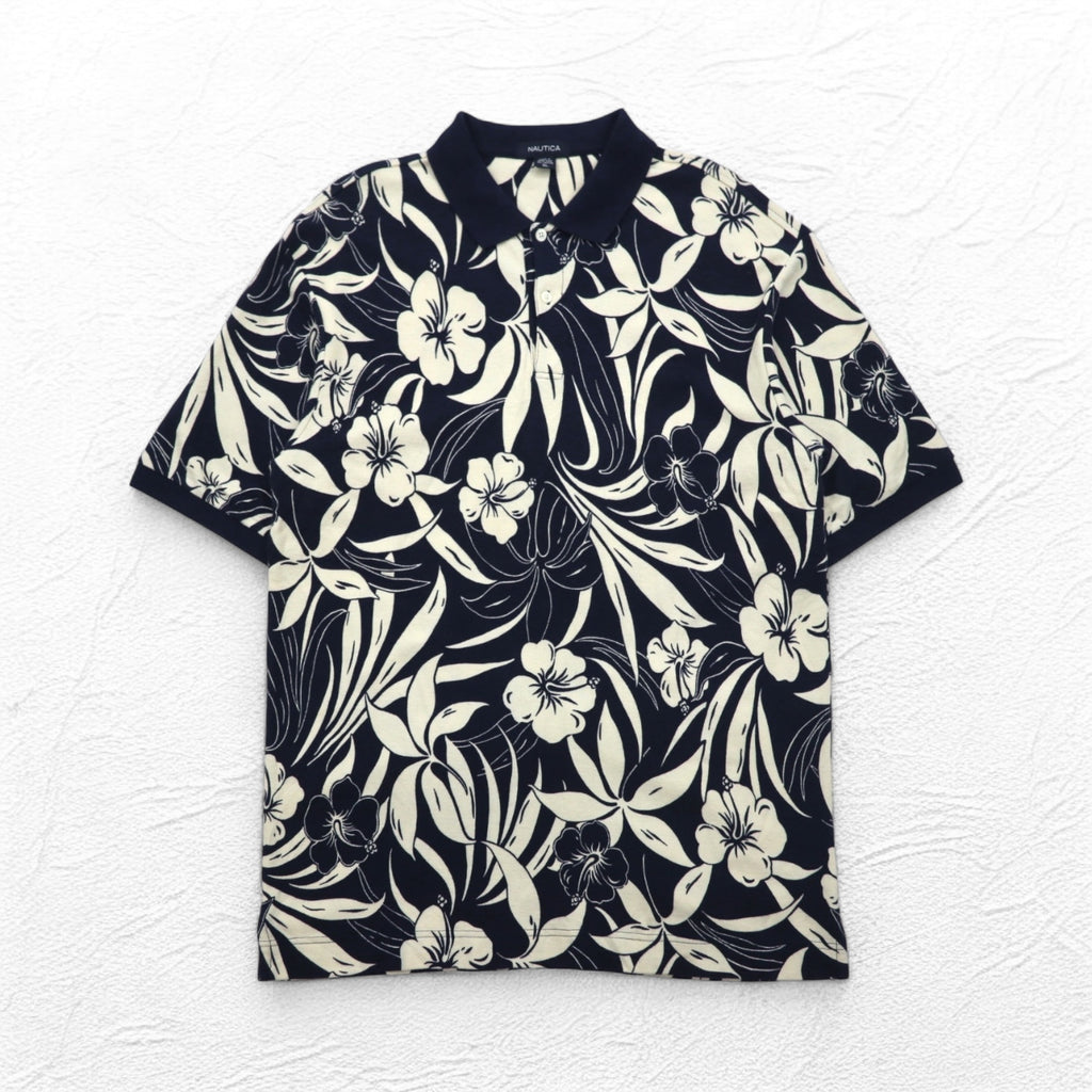 NAUTICA ポロシャツ XL ネイビー コットン 総柄 ハイビスカス 花 ビッグサイズ