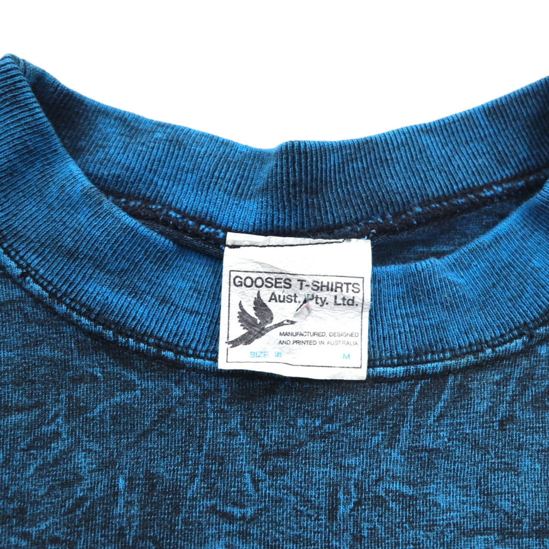 90s Australian-made Gooses T-Shirt, single-stitched, vintage Sydney cotton, size M, blue, vintage wash.