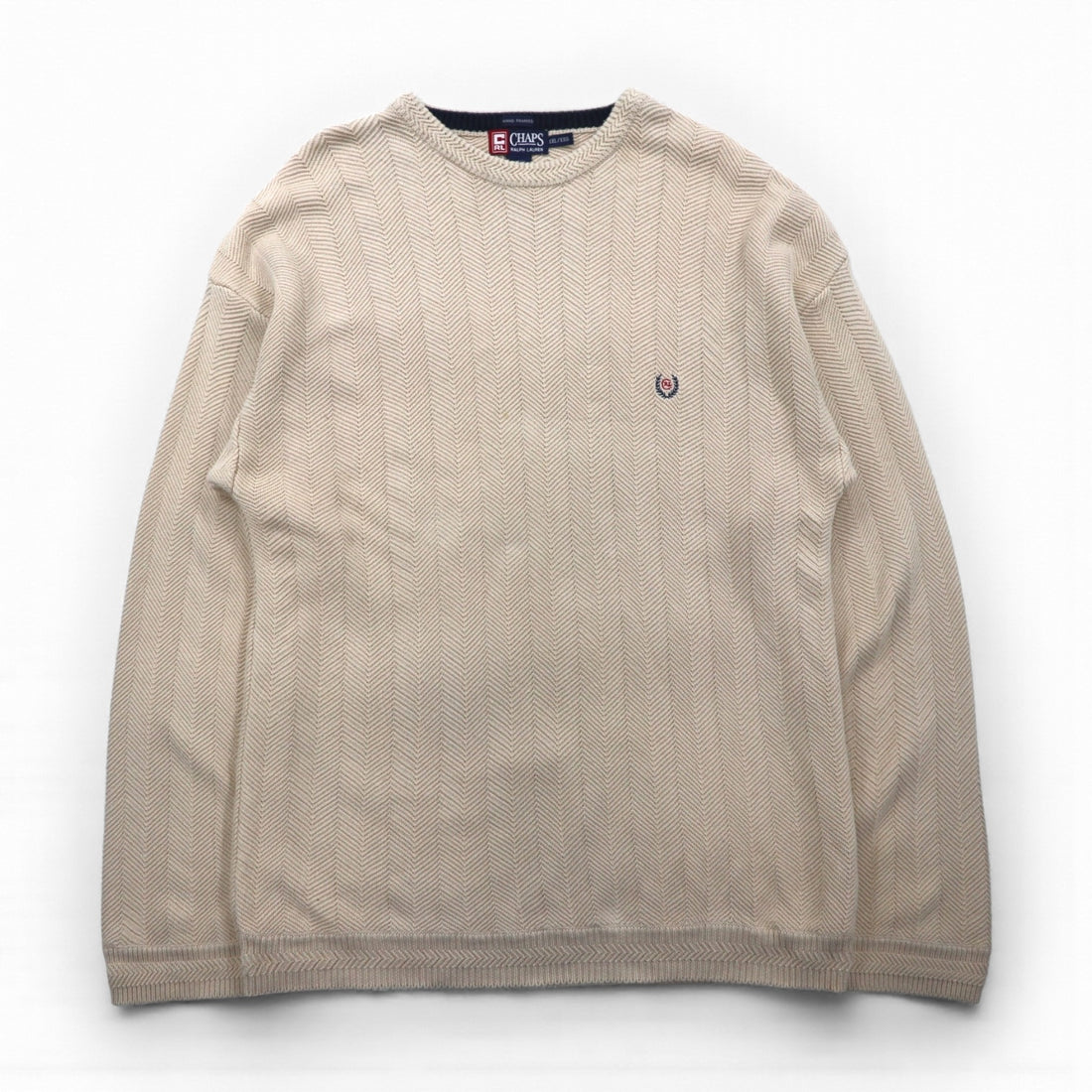 CHAPS RALPH LAUREN 90s 3D Jacquard Herringbone Cotton Knit, Size 2XL, Beige, Hand Flamed