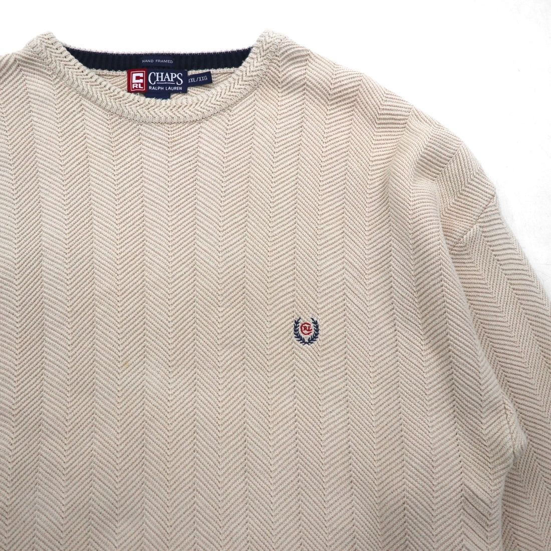 CHAPS RALPH LAUREN 90s 3D Jacquard Herringbone Cotton Knit, Size 2XL, Beige, Hand Flamed