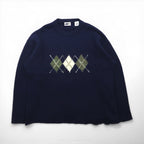 90s Vintage Shetland Wool Sweater, Argyle Pattern, XL, Navy, BULL HEAD SHETLAND, Wool