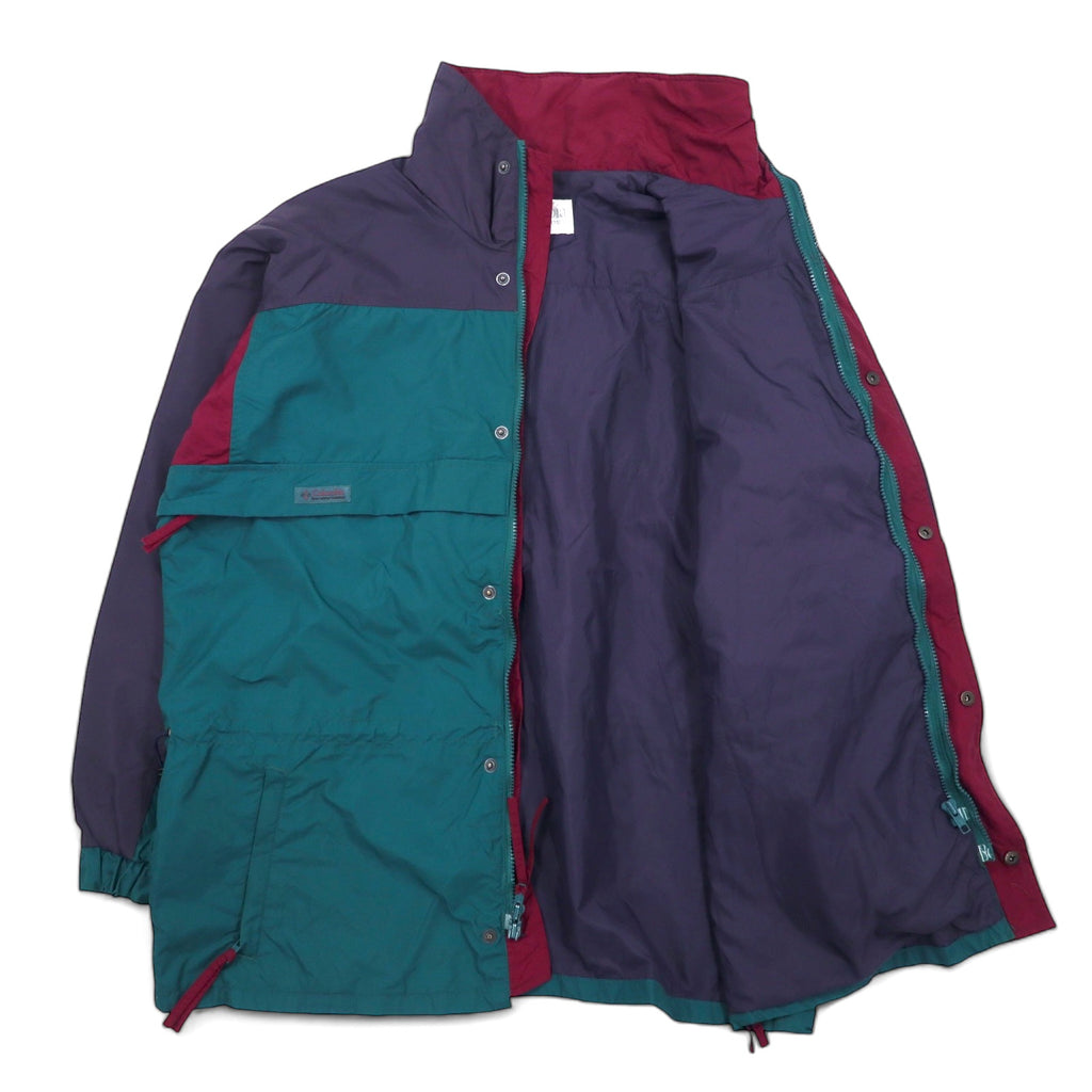 Columbia 90s Sailing Jacket Mountain Parka L Green Purple Nylon Radial Sleeve Drawstring Zip-in-Zip Gizzmo