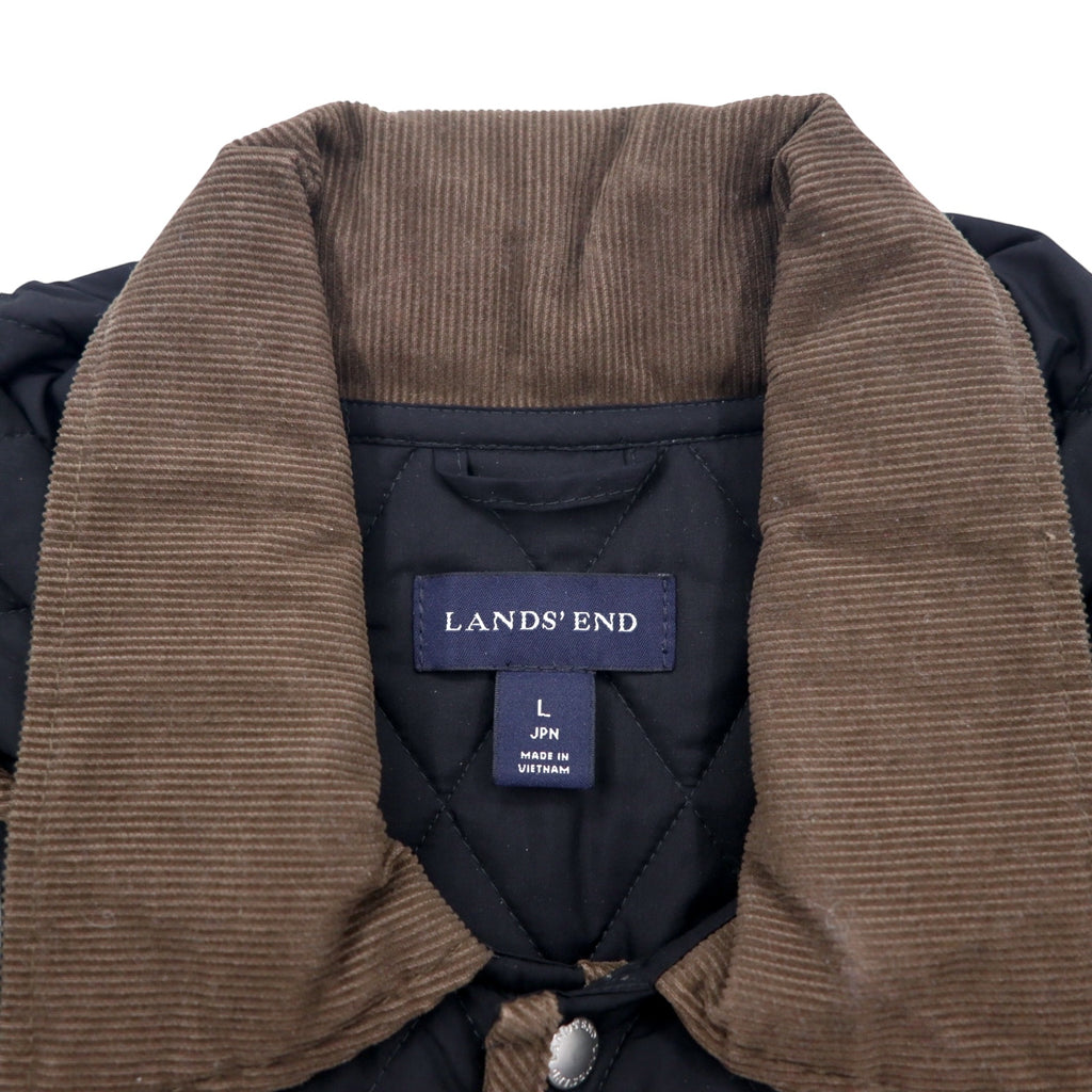 LANDS' END キルティングジャケット L ブラック ポリエステル フード着脱式 襟コーデュロイ