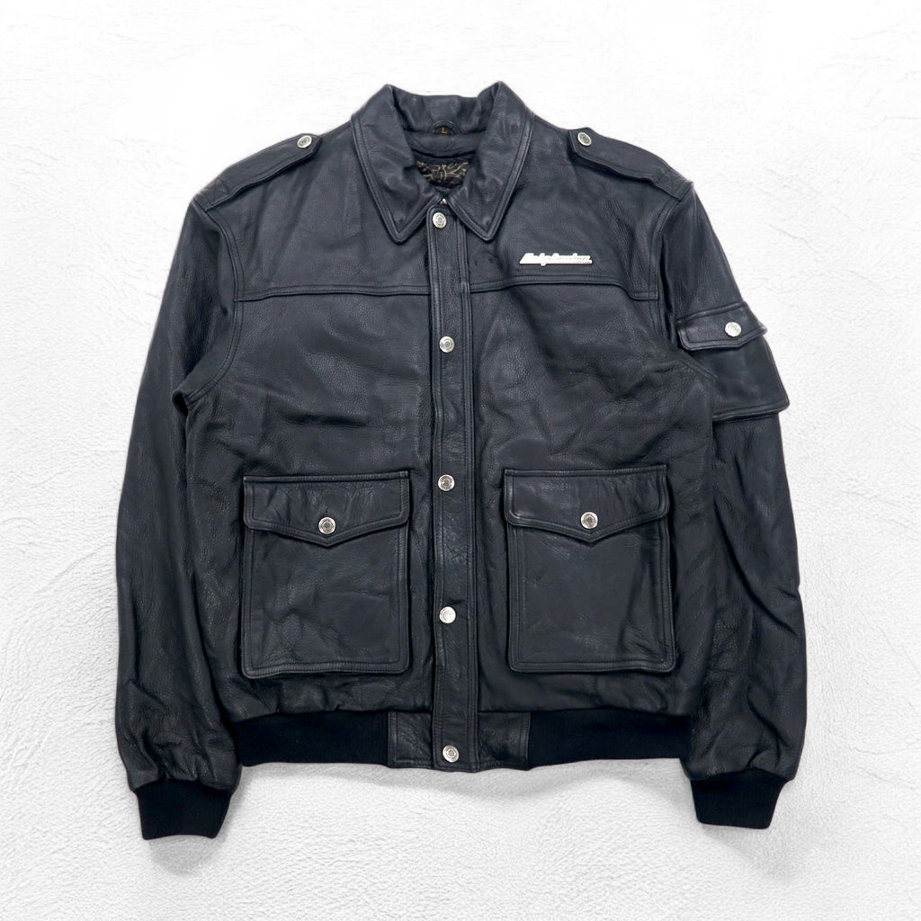 HARLEY DAVIDSON A-2 Leather Flight Bomber Jacket, Military Riders, L, Black, Grained Leather, Removable Liner, Epaulettes