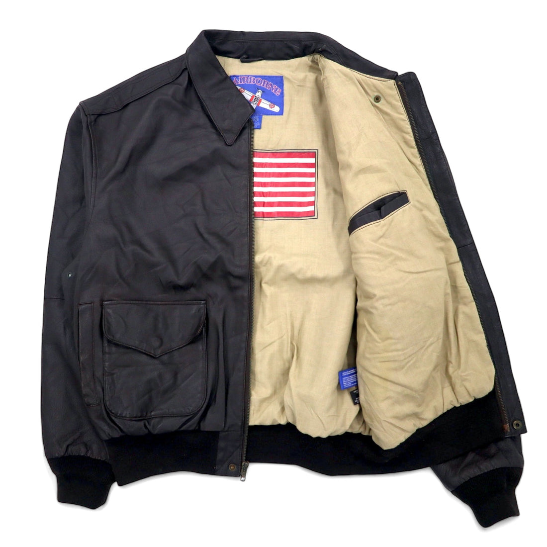 AIRBORNE Leather A-2 Flight Jacket L Brown Stars and Stripes