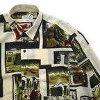 Vintage 90s Retro Shirt Royal Honey Poly Shirt M Beige All-over Pattern Art Polyester
