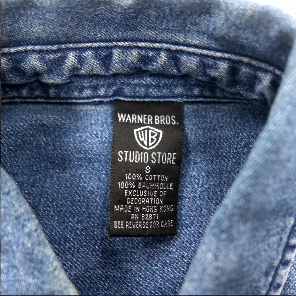 WARNER BROS. 90s Big Size Denim Button Down Shirt S Blue LOONEY TUNES Character Embroidery