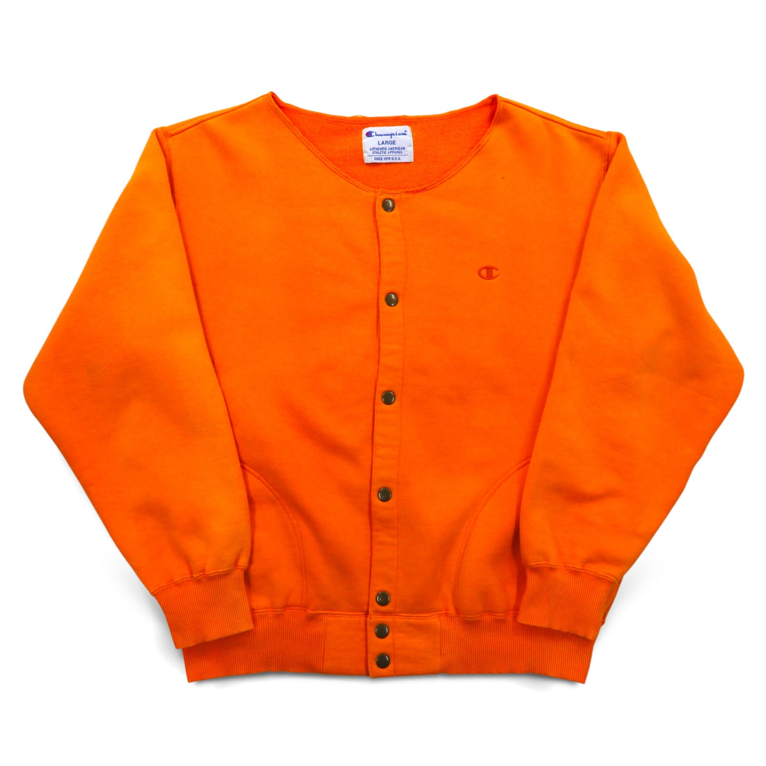 Champion 90s Snap Cardigan Sweat Blouson L Orange Side Pockets Fleece Lining