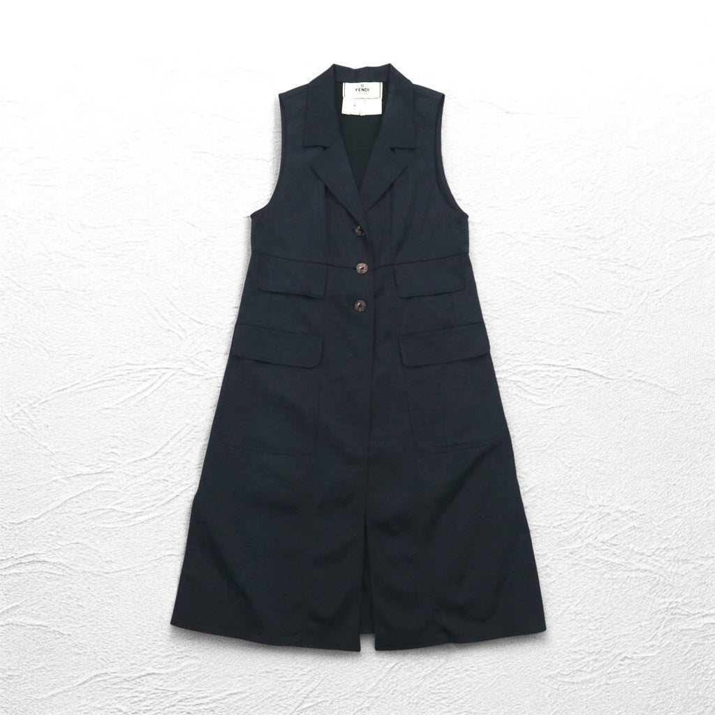 FENDI Made in Italy Sleeveless Coat Long Gilet Dress M Black Acetate